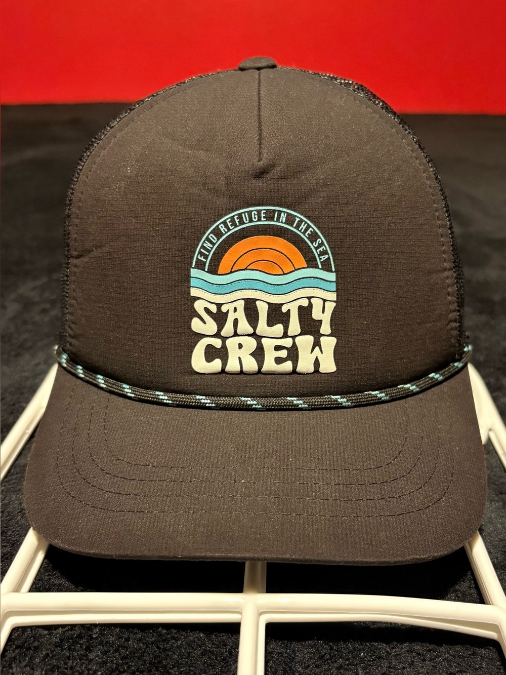 Salty Crew Sundown FIND REFUGE IN THE SEA black trucker cap w/ rope detail NWOT